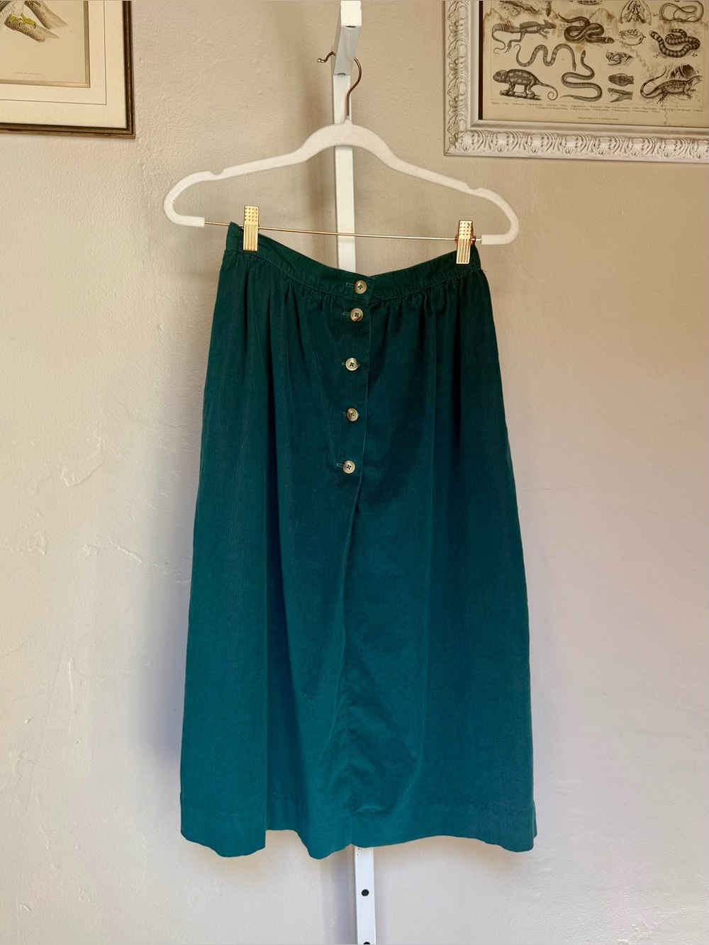 Vintage Corduroy Cotton Lands' End Button-Front Midi Skirt in Deep Teal
